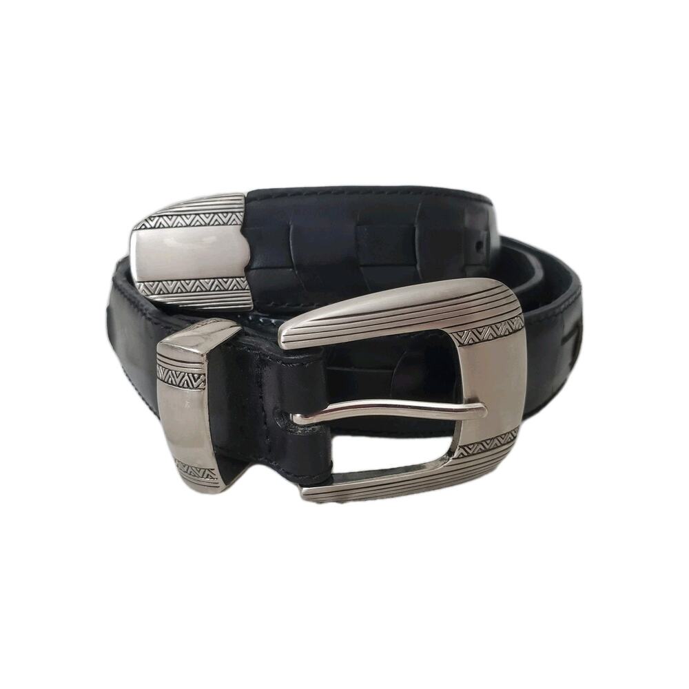 Black Leather Dress Belt Men's 38 Silver Buckle Collectible Office Nice Detailed